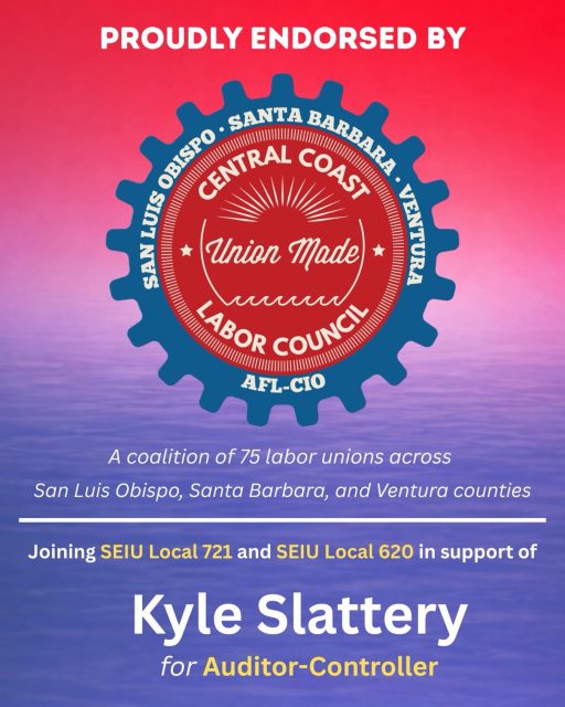Proud to be endorsed by the Central Coast Labor Council.

Representing 75 labor unions across San Luis Obispo, Santa Barbara, and Ventura counties, this endorsement reflects the people who keep our communities running every day.

I’m honored to have their support—alongside SEIU Local 721 and SEIU Local 620—as we build a campaign focused on accountability, transparency, and delivering for our community.

This is a countywide race—and every voter has a voice.

Follow @slattery4auditor to learn more and get involved.